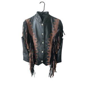 Diamond Leather Fringe Beaded Vest Sz M Black Mock Neck Moto Western Yellowstone